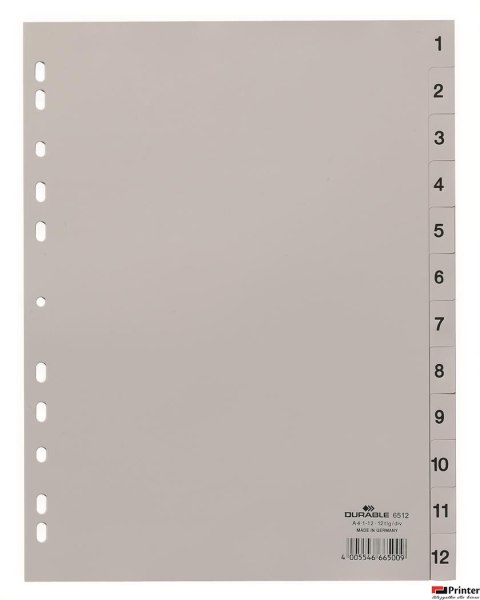 Przekładki PP A4 szare, nadr. indeks, 1-12, 1 0 części Szary 651210 DURABLE Przekładki PP A4 szare, nadr. indeks, 1-12, 1 0 części Szary 651210 DURABLE