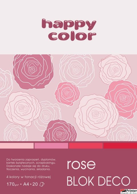 Blok Deco Rose A4, 170g, 20 ark, 4 kol. tonacja różowo-czerwona, Happy Color HA 3717 2030-062