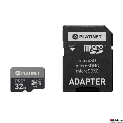 Karta pamięci Micro SDhc + adapter 32GB class10 UIII 90MB/s Platinet PMMSD32UIII Karta pamięci Micro SDhc + adapter 32GB class10 UIII 90MB/s Platinet PMMSD32UIII