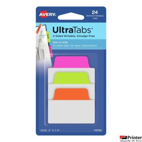 Ultra Tabs - samoprzylepne zakładki indeksujące, kolorowe, neonowe, 50,8x38, 24 szt., Avery Zweckform 74753