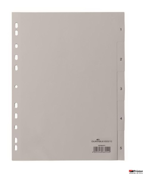 Przekładki PP A4 szare, nadr. indeks, 1-5, 5 części Szary 650510 DURABLE Przekładki PP A4 szare, nadr. indeks, 1-5, 5 części Szary 650510 DURABLE
