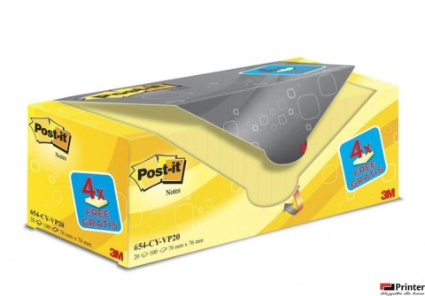 Bloczek samoprzylepny POST-IT (654CY-VP20), 76x76mm, (16+4)x100 kart., żółte, 4 bloczki GRATIS