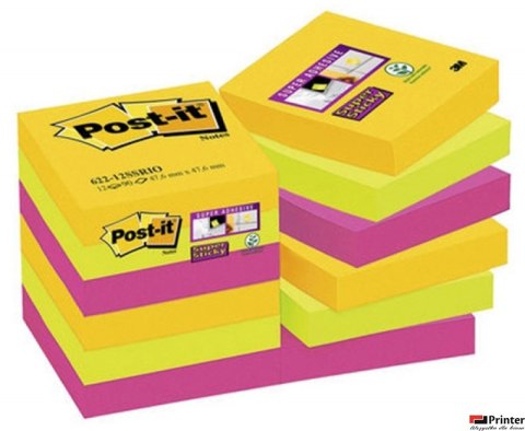 Bloczek samoprzylepny POST-IT_ Super Sticky (622-12SSRIO-EU), 47,6x47,6mm, 12x90 kart., paleta Rio de Janeiro