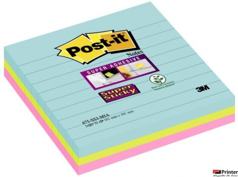 Bloczek samoprzylepny POST-IT_ Super Sticky w linie, (675-SS3-MIA), 101x101mm, 3x70 kart., paleta Miami