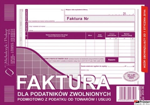 203-3E Faktura dla podatników zwolnionych z VAT A5 (o+1k) MICHALCZYK