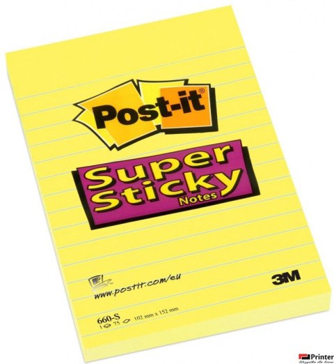 Bloczek samoprzylepny POST-IT_ Super Sticky (660-S), 102x152mm, 1x75 kart., żółty