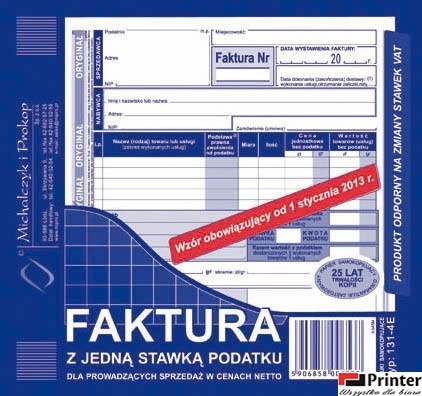131-4E Faktura z jedną stawką podatku sprzedaż w netto 2/3A5 MICHALCZYK 131-4E Faktura z jedną stawką podatku sprzedaż w netto 2/3A5 MICHALCZYK