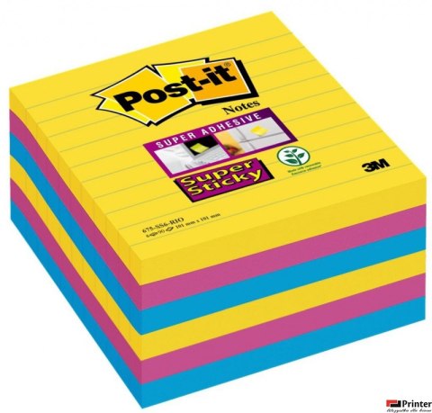 Bloczek samoprzylepny POST-IT Super Sticky w linie (675-SS6RIO-EU), 101x101mm, 6x90 kart., paleta Rio de Janeiro