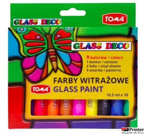 Farby witrażowe GLASS PAINT - 9 kolorów + konturówka + folie mix TO-750 Toma Farby witrażowe GLASS PAINT - 9 kolorów + konturówka + folie mix TO-750 Toma
