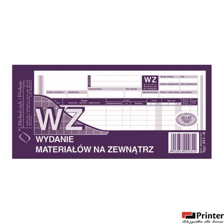 351-8 WZ wydanie materiałów na zewnątrz, 1/3 A4 80 kartek, MICHALCZYK&PROKOP 351-8 WZ wydanie materiałów na zewnątrz, 1/3 A4 80 kartek, MICHALCZYK&PROKOP
