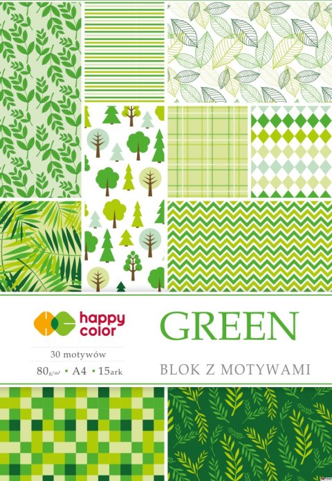 Blok z motywami GREEN, 80g/m2, A4, 15 ark, 30 motyw, Happy Color HA 3808 2030-G