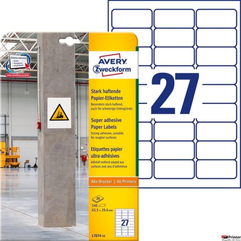 Etykiety do trudnych powierzchni L7874-20 63,5x29,6 20 ark., papierowe, Avery Zweckform