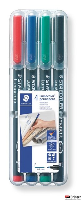 Foliopis Lumocolor, F, wodoodporny, zestaw 4 kol. (2, 3, 5, 9) w etui box, Staedtler S 318 WP4