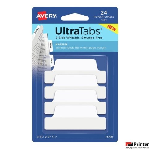 Ultra Tabs - samoprzylepne zakładki indeksujące, białe, 63,5x25, 24 szt., Avery Zweckform 74789