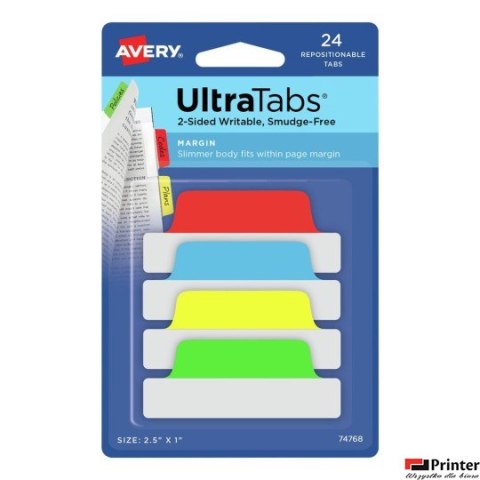 Ultra Tabs - samoprzylepne zakładki indeksujące, kolorowe, klasyczne, 63,5x25, 24 szt., Avery Zweckform 74768