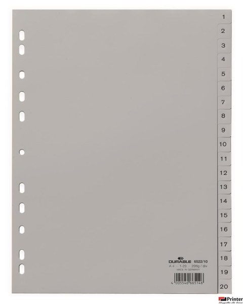 Przekładki PP A4 szare, nadr. indeks, 1-20, 2 0 części Szary 652210 DURABLE Przekładki PP A4 szare, nadr. indeks, 1-20, 2 0 części Szary 652210 DURABLE