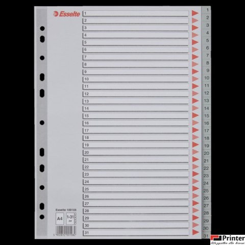 Przekładki plastikowe szare PP A4 1-31 100108 numeryczne ESSELTE Przekładki plastikowe szare PP A4 1-31 100108 numeryczne ESSELTE