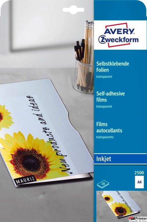 Przezroczyste folie samoprzylepne 2500 A4, 10ark powlekane, grubość 0,17 mm, Avery Zweckform Przezroczyste folie samoprzylepne 2500 A4, 10ark powlekane, grubość 0,17 mm, Avery Zweckform