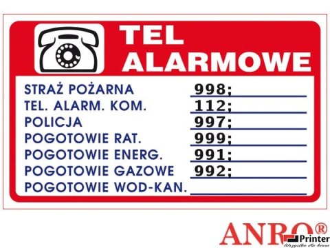 Tabliczka TELEFONY ALARMOWE ZZ-94P 150x200 PŁYTA PCV, ANPRO