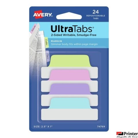 Ultra Tabs - samoprzylepne zakładki indeksujące, kolorowe, pastelowe, 63,5x25, 24 szt., Avery Zweckform 74769