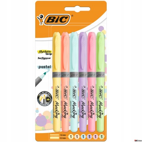 Zakreślacze BIC Highlighter Grip Pastel mix Blister 6szt, 992561