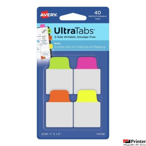 Ultra Tabs - samoprzylepne zakładki indeksujące, kolorowe, neonowe, 25,4x38, 40 szt., Avery Zweckform 74759