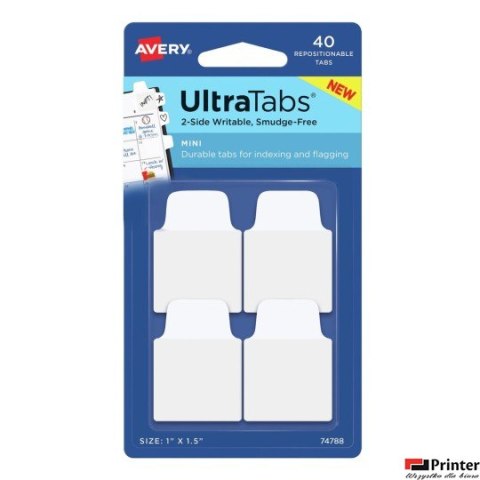 Ultra Tabs - samoprzylepne zakładki indeksujące, białe, 25,4x38, 40 szt., Avery Zweckform 74788