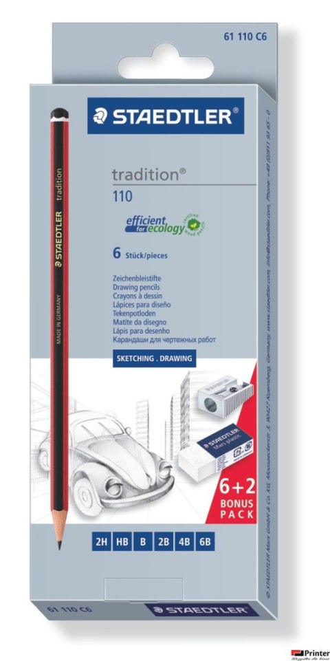 Zestaw ołówków tradition, 6 szt. (2H, HB, B, 2B, 4B, 6B), + gumka + temperówka, Staedtler S 61 110 C6 Zestaw ołówków tradition, 6 szt. (2H, HB, B, 2B, 4B, 6B), + gumka + temperówka, Staedtler S 61 110 C6