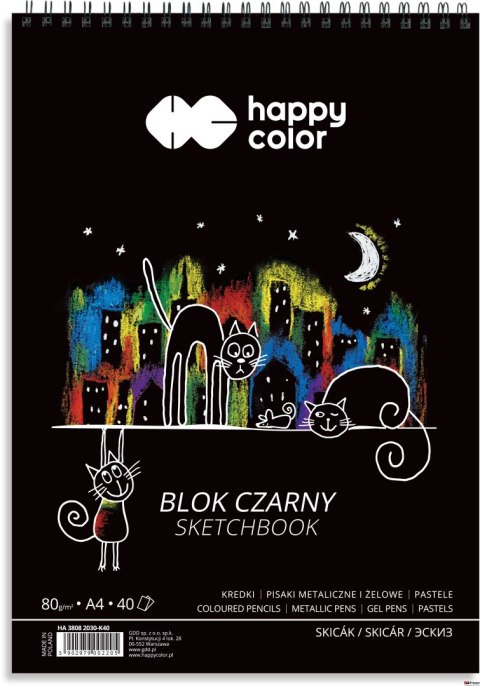 Blok czarny na spirali KOTY A4, 40 ark, 80g, Happy Color HA 3808 2030-K40