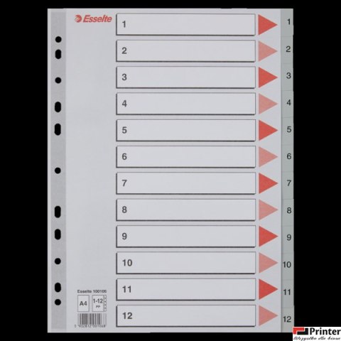 Przekładki plastikowe szare PP A4 1-12 100106 numeryczne ESSELTE Przekładki plastikowe szare PP A4 1-12 100106 numeryczne ESSELTE